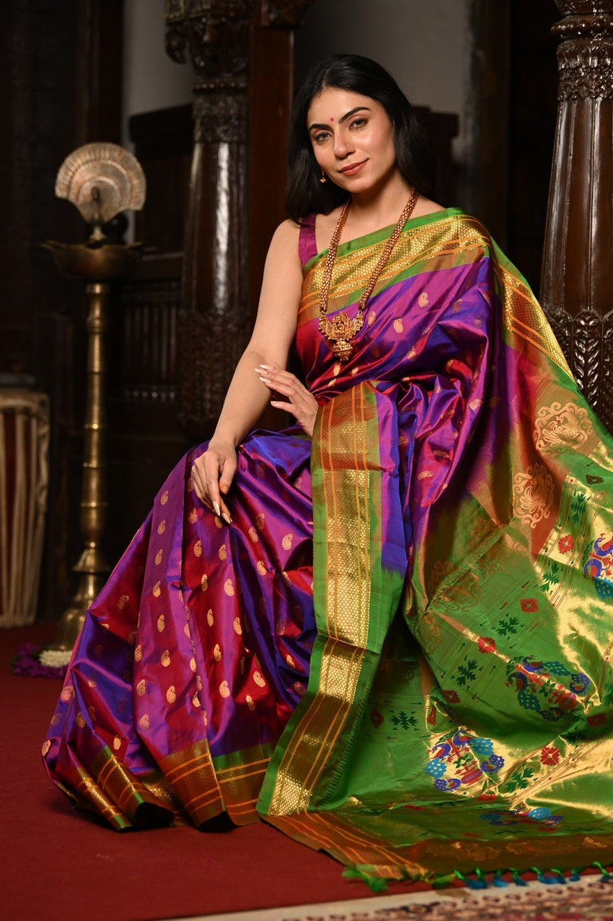 Mahalakshmi ~ Handloom Pure Silk Paithani with Maharani Pallu in Purple Pink - verymuchindian.com