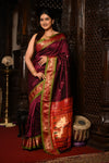 Mahalakshmi ~ Handloom Pure Silk Paithani with Most Traditional Double Pallu in Wine - verymuchindian.com