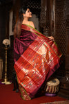 Mahalakshmi ~ Handloom Pure Silk Paithani with Most Traditional Double Pallu in Wine - verymuchindian.com