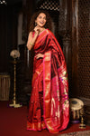 Mahalakshmi ~ Handloom Pure Silk Paithani with Parrot Pallu in Maroon - verymuchindian.com