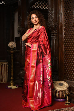 Mahalakshmi ~ Handloom Pure Silk Paithani with Parrot Pallu in Maroon - verymuchindian.com