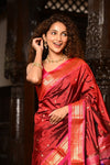 Mahalakshmi ~ Handloom Pure Silk Paithani with Parrot Pallu in Maroon - verymuchindian.com