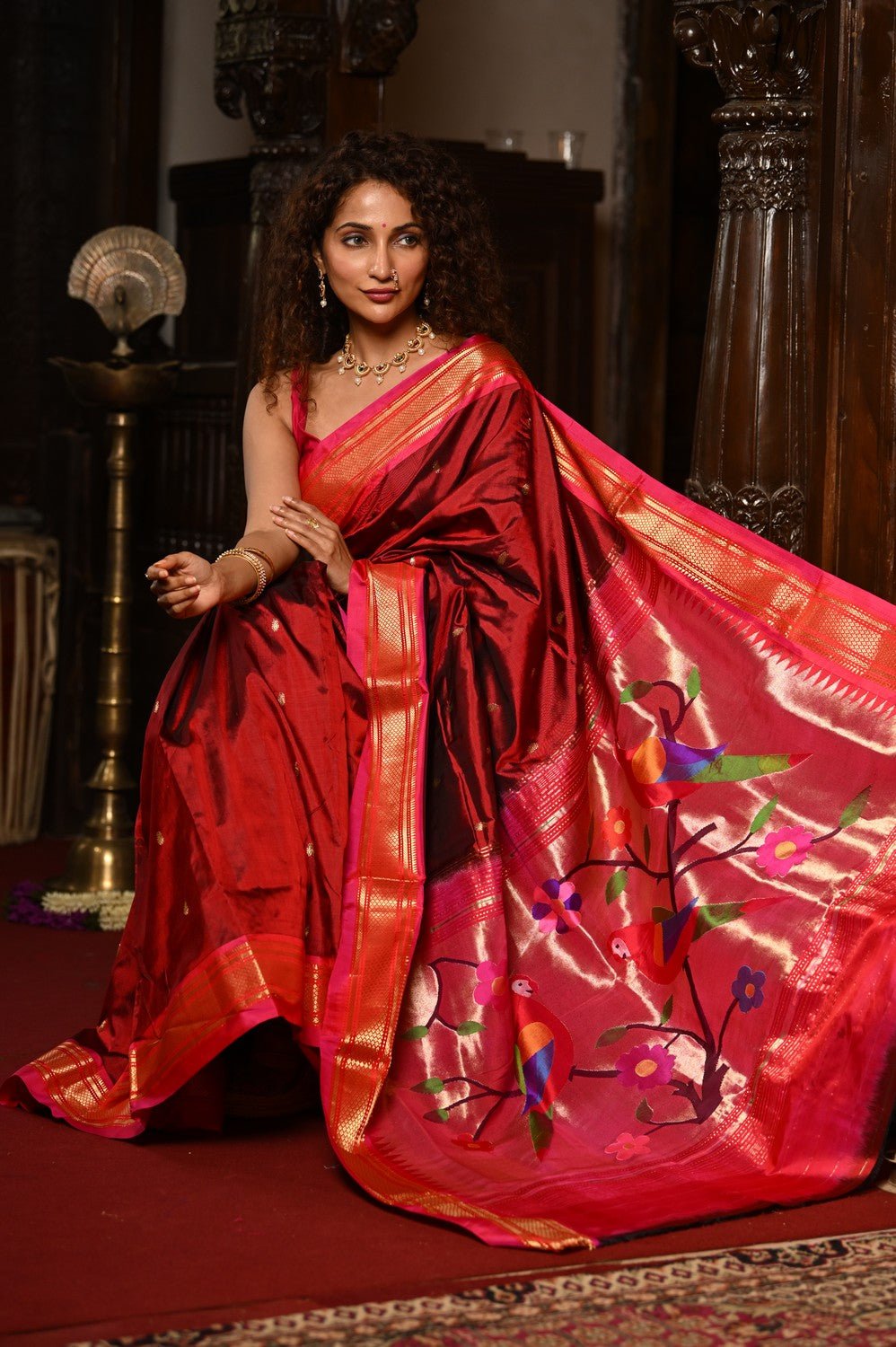 Mahalakshmi ~ Handloom Pure Silk Paithani with Parrot Pallu in Maroon - verymuchindian.com