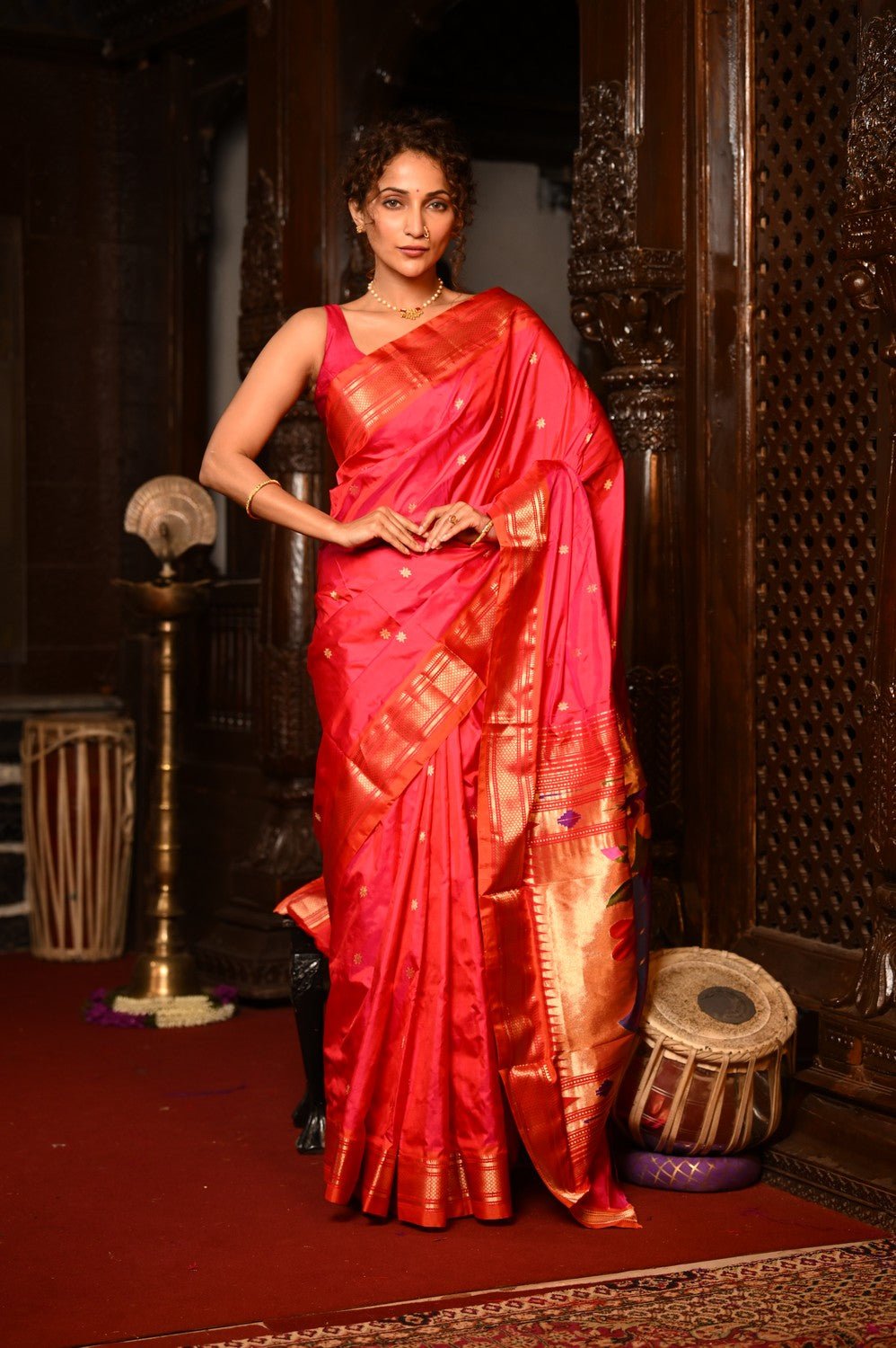 Mahalakshmi ~ Handloom Pure Silk Paithani with Peacock Pallu in Peach Pink - verymuchindian.com