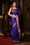 Mahalakshmi ~ Handloom Pure Silk Paithani with Peacock Pallu in Royal Blue - verymuchindian.com