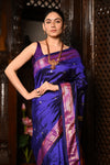 Mahalakshmi ~ Handloom Pure Silk Paithani with Peacock Pallu in Royal Blue - verymuchindian.com