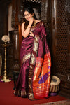 Mahalakshmi ~ Handloom Pure Silk Paithani with Peacock Pallu in Wine (Available in Mango Buttis) - verymuchindian.com