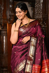 Mahalakshmi ~ Handloom Pure Silk Paithani with Peacock Pallu in Wine (Available in Mango Buttis) - verymuchindian.com
