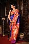Mahalakshmi ~ Handloom Pure Silk Paithani with Swan Border in Royal Blue - verymuchindian.com
