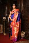 Mahalakshmi ~ Handloom Pure Silk Paithani with Swan Border in Royal Blue - verymuchindian.com