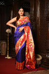 Mahalakshmi ~ Handloom Pure Silk Paithani with Swan Border in Royal Blue - verymuchindian.com