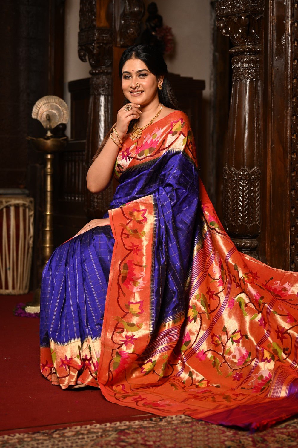 Mahalakshmi ~ Handloom Pure Silk Paithani with Swan Border in Royal Blue - verymuchindian.com