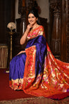 Mahalakshmi ~ Handloom Pure Silk Paithani with Swan Border in Royal Blue - verymuchindian.com