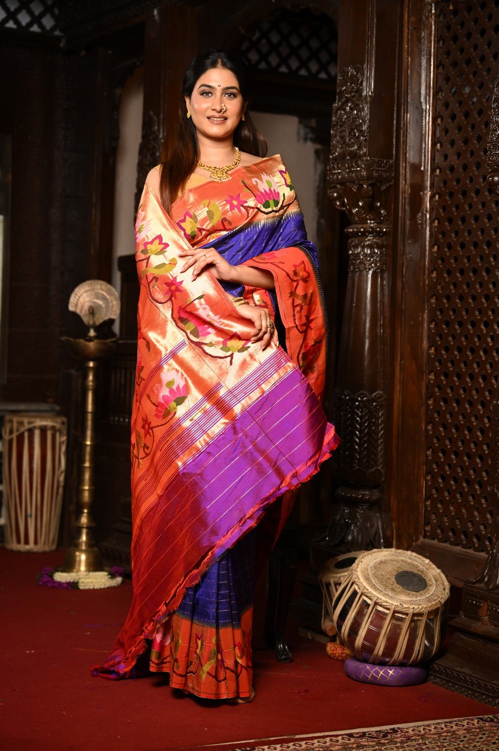 Mahalakshmi ~ Handloom Pure Silk Paithani with Swan Border in Royal Blue - verymuchindian.com