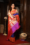 Mahalakshmi ~ Handloom Pure Silk Paithani with Swan Border in Royal Blue - verymuchindian.com