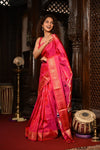 Mahalakshmi ~ Handloom Pure Silk Paithani with Swan Pallu with Muniya Buttis in Red Pink - verymuchindian.com