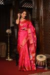Mahalakshmi ~ Handloom Pure Silk Paithani with Swan Pallu with Muniya Buttis in Red Pink - verymuchindian.com