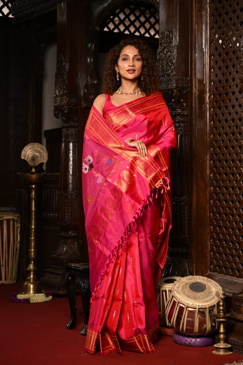 Mahalakshmi ~ Handloom Pure Silk Paithani with Swan Pallu with Muniya Buttis in Red Pink - verymuchindian.com