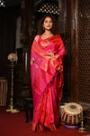 Mahalakshmi ~ Handloom Pure Silk Paithani with Swan Pallu with Muniya Buttis in Red Pink - verymuchindian.com