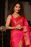 Mahalakshmi ~ Handloom Pure Silk Paithani with Swan Pallu with Muniya Buttis in Red Pink - verymuchindian.com