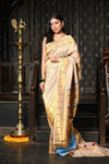 Mahalakshmi ~ Handloom Pure Silk Pink Muniya Border Saree With Handcrafted Parrot Pallu in Beige - verymuchindian.com