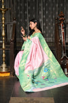 Mahalakshmi ~ Handloom Pure Silk Pink Muniya Border Saree With Handcrafted Parrot Pallu in Powder Pink and Green - verymuchindian.com