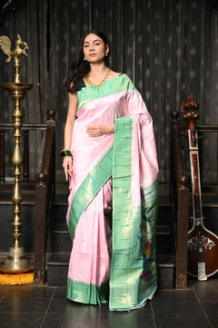Mahalakshmi ~ Handloom Pure Silk Pink Muniya Border Saree With Handcrafted Parrot Pallu in Powder Pink and Green - verymuchindian.com
