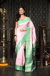 Mahalakshmi ~ Handloom Pure Silk Pink Muniya Border Saree With Handcrafted Parrot Pallu in Powder Pink and Green - verymuchindian.com