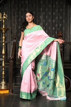 Mahalakshmi ~ Handloom Pure Silk Pink Muniya Border Saree With Handcrafted Parrot Pallu in Powder Pink and Green - verymuchindian.com