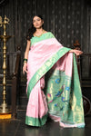 Mahalakshmi ~ Handloom Pure Silk Pink Muniya Border Saree With Handcrafted Parrot Pallu in Powder Pink and Green - verymuchindian.com