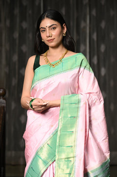 Mahalakshmi ~ Handloom Pure Silk Pink Muniya Border Saree With Handcrafted Parrot Pallu in Powder Pink and Green - verymuchindian.com