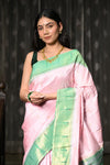Mahalakshmi ~ Handloom Pure Silk Pink Muniya Border Saree With Handcrafted Parrot Pallu in Powder Pink and Green - verymuchindian.com