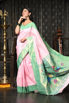 Mahalakshmi ~ Handloom Pure Silk Pink Muniya Border Saree With Handcrafted Parrot Pallu in Powder Pink and Green - verymuchindian.com