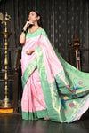 Mahalakshmi ~ Handloom Pure Silk Pink Muniya Border Saree With Handcrafted Parrot Pallu in Powder Pink and Green - verymuchindian.com