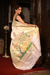 Mahalakshmi ~ Handloom Pure Silk Triple Muniya Border Paithani with Deer Pallu in Ivory - verymuchindian.com