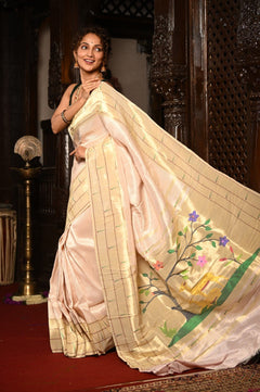 Mahalakshmi ~ Handloom Pure Silk Triple Muniya Border Paithani with Deer Pallu in Ivory - verymuchindian.com