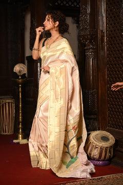 Mahalakshmi ~ Handloom Pure Silk Triple Muniya Border Paithani with Deer Pallu in Ivory - verymuchindian.com
