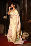 Mahalakshmi ~ Handloom Pure Silk Triple Muniya Border Paithani with Deer Pallu in Ivory - verymuchindian.com