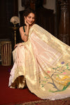 Mahalakshmi ~ Handloom Pure Silk Triple Muniya Border Paithani with Deer Pallu in Ivory - verymuchindian.com
