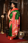 Mahalakshmi ~ Handloom Pure Silk Triple Muniya Border Saree With Handcrafted Parrot Pallu in Royal Green - verymuchindian.com