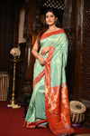 Mahalakshmi Heritage ~ Handloom Pure Silk Muniya Border Tissue Paithani with Most Traditional Asawali Pallu (40% Real Silver Zari) - verymuchindian.com