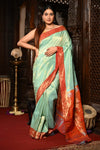 Mahalakshmi Heritage ~ Handloom Pure Silk Muniya Border Tissue Paithani with Most Traditional Asawali Pallu (40% Real Silver Zari) - verymuchindian.com