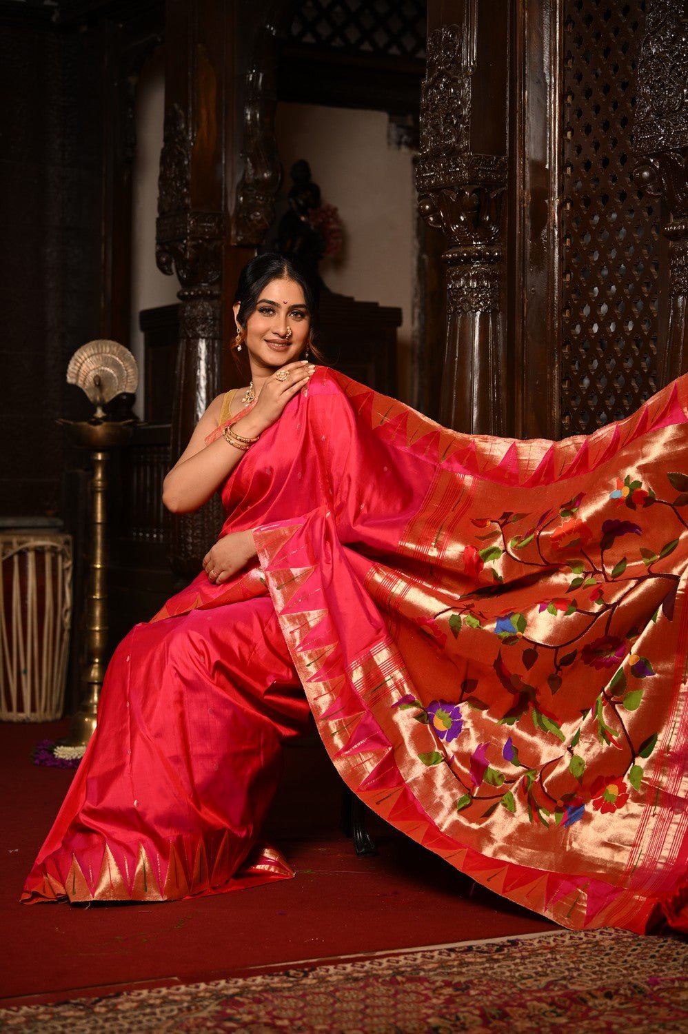 Mahalakshmi Premium ~ Handloom Pure Silk Temple Muniya Border Paithani with Floral Pallu in Rani Pink - verymuchindian.com