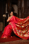 Mahalakshmi Premium ~ Handloom Pure Silk Temple Muniya Border Paithani with Floral Pallu in Rani Pink - verymuchindian.com