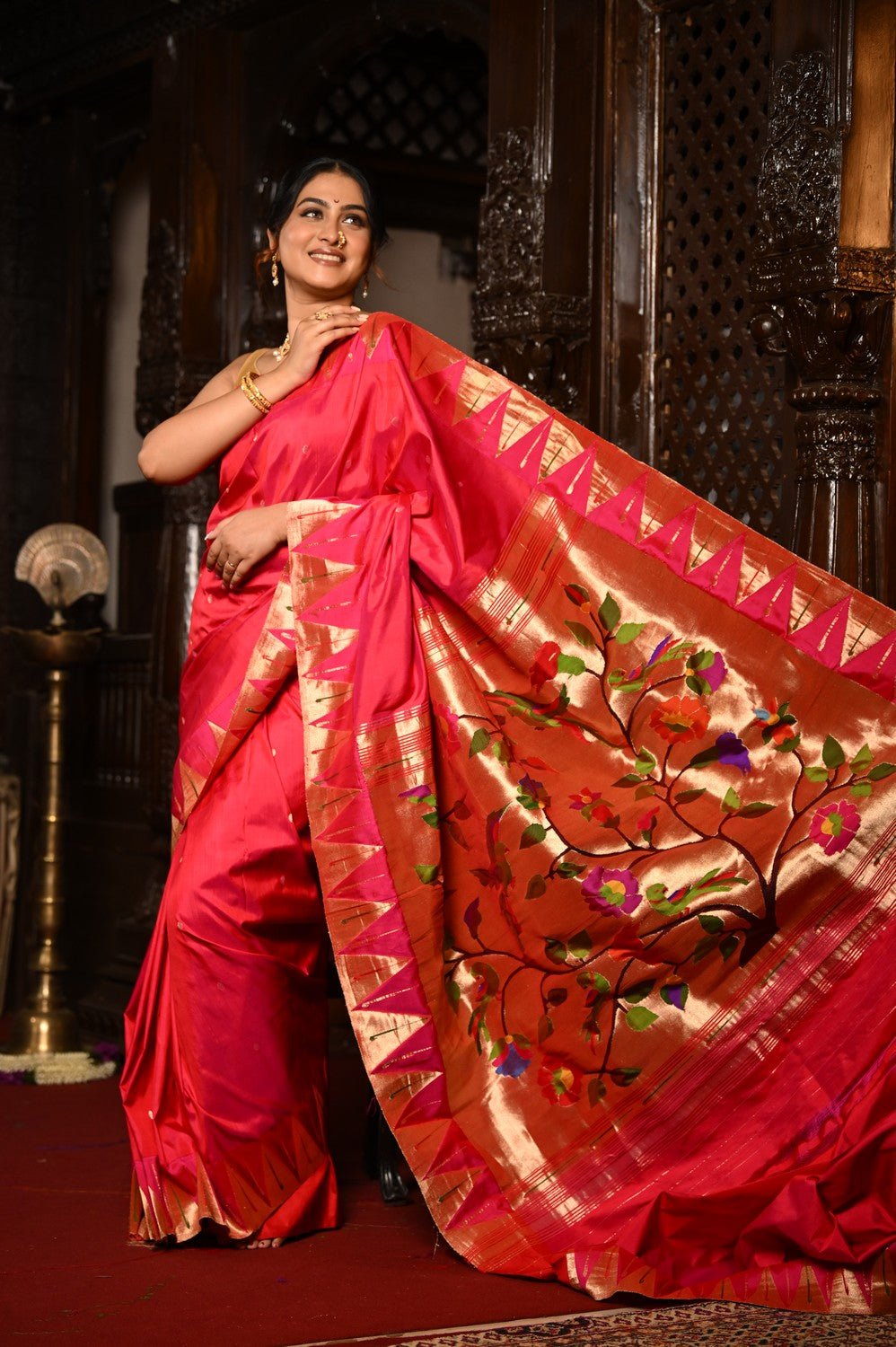 Mahalakshmi Premium ~ Handloom Pure Silk Temple Muniya Border Paithani with Floral Pallu in Rani Pink - verymuchindian.com