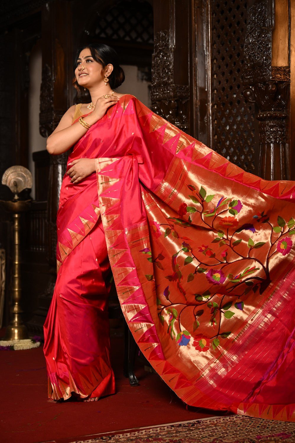 Mahalakshmi Premium ~ Handloom Pure Silk Temple Muniya Border Paithani with Floral Pallu in Rani Pink - verymuchindian.com