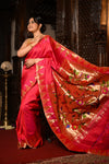 Mahalakshmi Premium ~ Handloom Pure Silk Temple Muniya Border Paithani with Floral Pallu in Rani Pink - verymuchindian.com