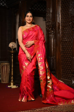 Mahalakshmi Premium ~ Handloom Pure Silk Temple Muniya Border Paithani with Floral Pallu in Rani Pink - verymuchindian.com