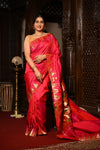 Mahalakshmi Premium ~ Handloom Pure Silk Temple Muniya Border Paithani with Floral Pallu in Rani Pink - verymuchindian.com