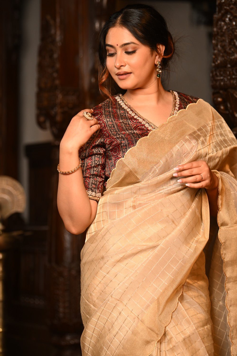 Mahalakshmi Premium ~ Viscose Tissue Saree with Cut Work Border in Beige - verymuchindian.com